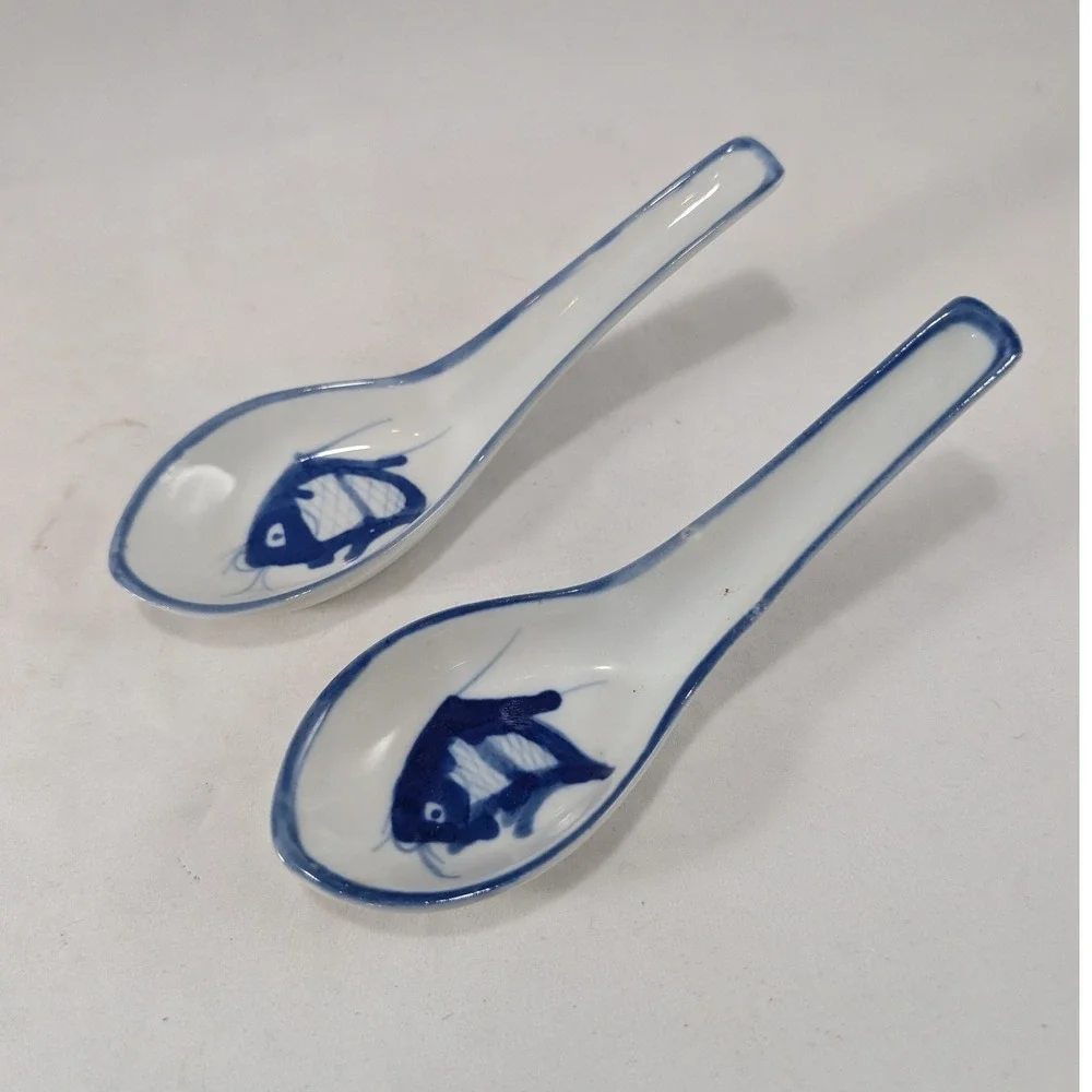 Vintage Chinese Blue and White Porcelain Fish Soup Spoons Set of 2 Made in China